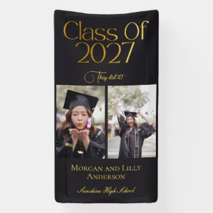 Class of 2027 2 Photo Twins Black Gold Typography Banner
