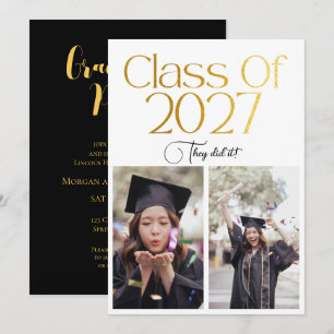 Class of 2027 2 Photo Twins Black Gold Typography Invitation