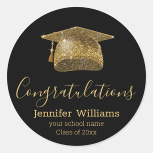 Class of 2027 graduate gold hat stylish black classic round sticker
