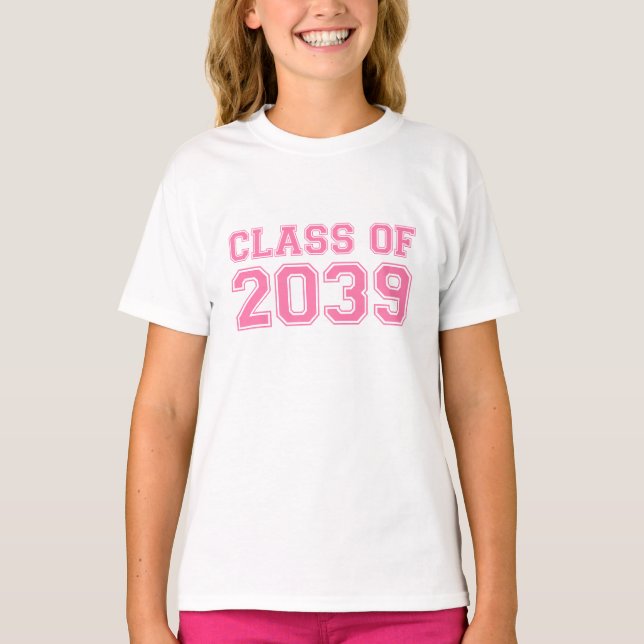 Class of 2039 Pink Varsity Future Graduate T-Shirt (Front)