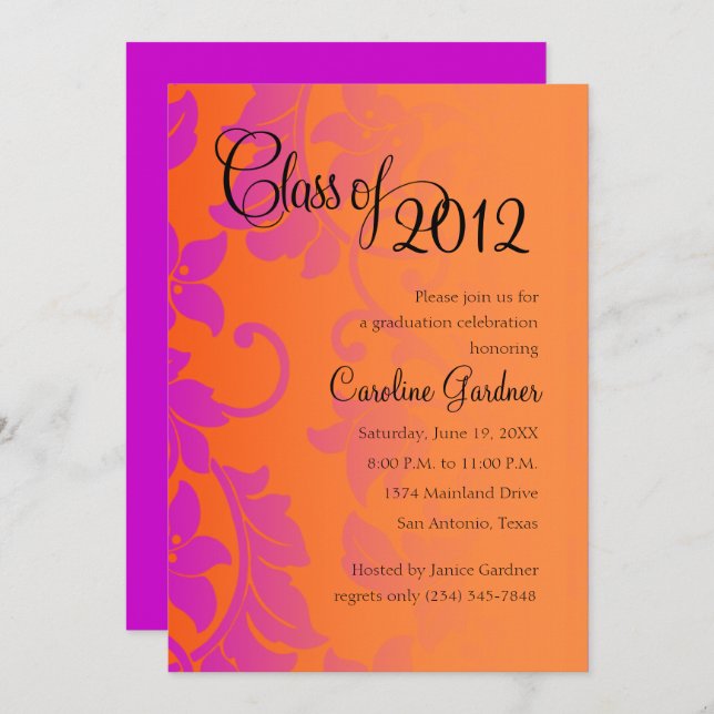 Class of 20XX Graduation Damask Pink Orange Invitation (Front/Back)