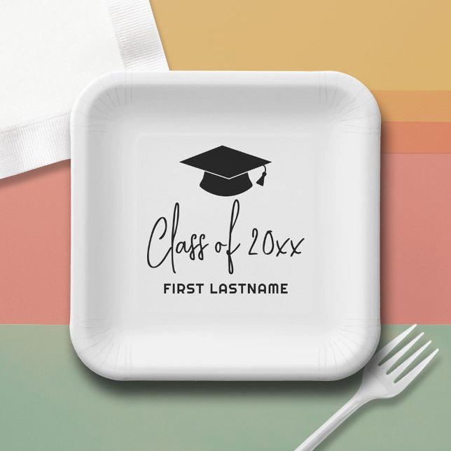 Class of 20xx Trendy Script and Name - Black White Paper Plate (Custom Paper Plate)