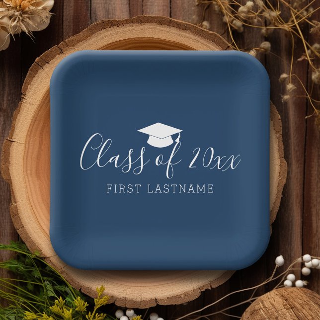 Class of 20xx Trendy Script and Name - Navy Blue Paper Plate (Personalized party plates with graduation theme)