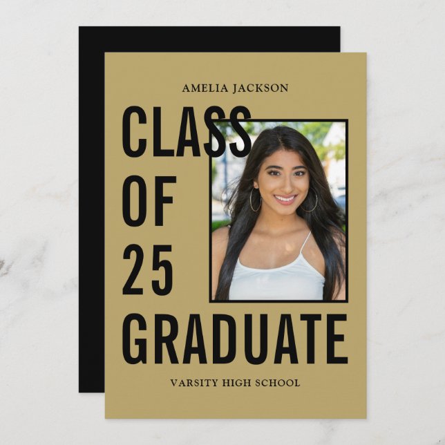 Class Of 25 Black & Gold Photo Graduation Announcement (Front/Back)