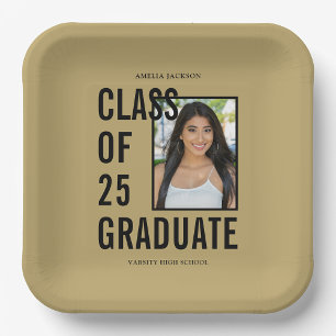 Class Of 25 Black & Gold Photo Graduation Party Paper Plate