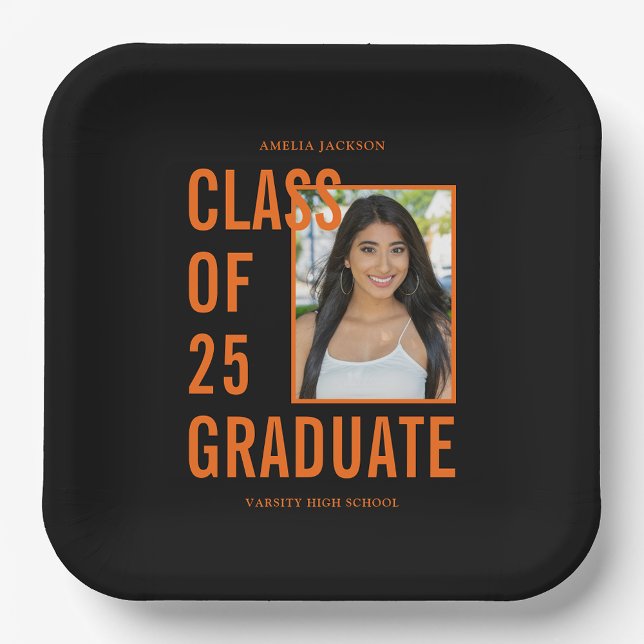 Class Of 25 Black & Orange Photo Graduation Party Paper Plate (Creator Uploaded)