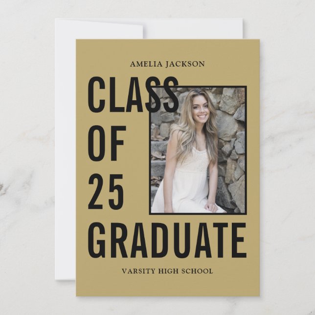 Class Of 25 Gold & Black 4 Photos Graduation Party Invitation (Front)
