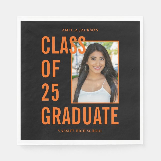Class Of 25 Graduate Black & Orange Photo Napkin (Front)