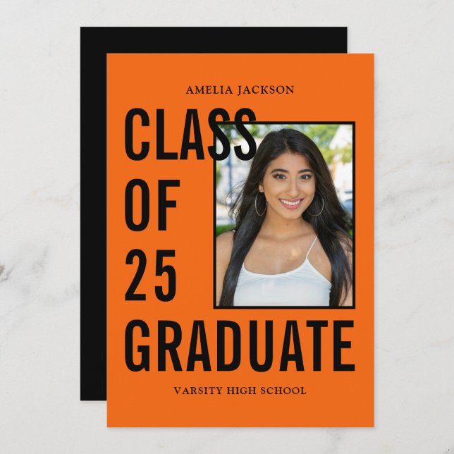 Class Of 25 Graduate Orange Black Photo Graduation Announcement (Front/Back)