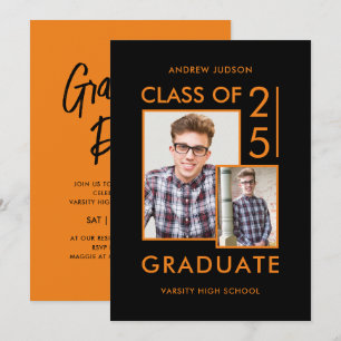 Class Of 25 Modern Black & Orange Photo Grad Party Invitation
