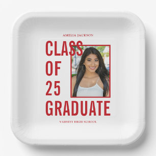 Class Of 25 Modern Red Typography Graduation Party Paper Plate