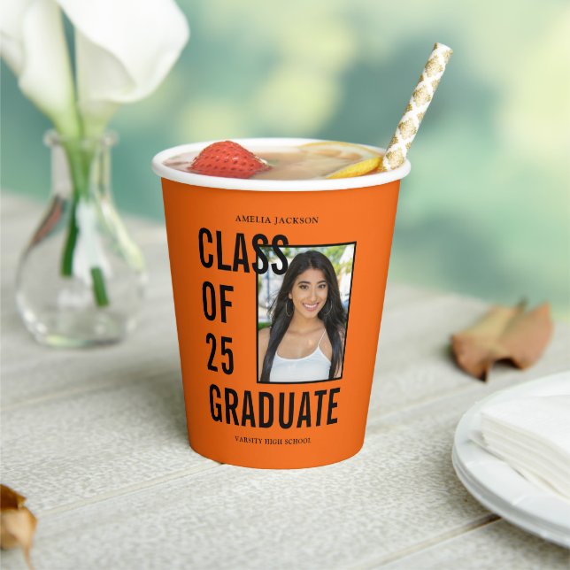 Class Of 25 Orange & Black Photo Graduation Party Paper Cups (Insitu)