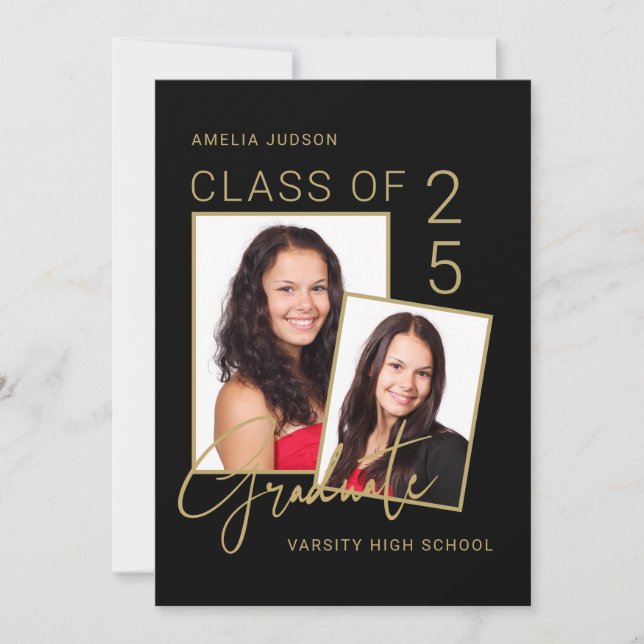 Class Of 25 Photo Black & Gold Script Graduation Announcement (Front)