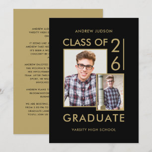 Class Of 26 Modern Black & Gold 2 Photo Open House Invitation