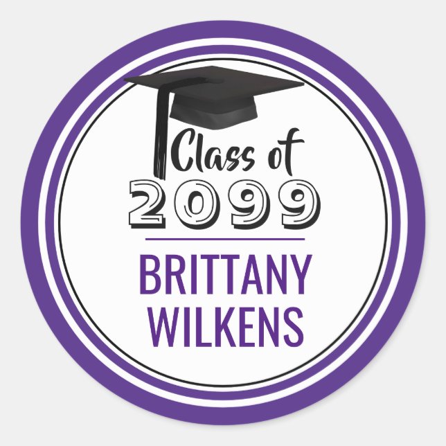 Class of | Grad Cap & Year | Editable Purple Classic Round Sticker (Front)