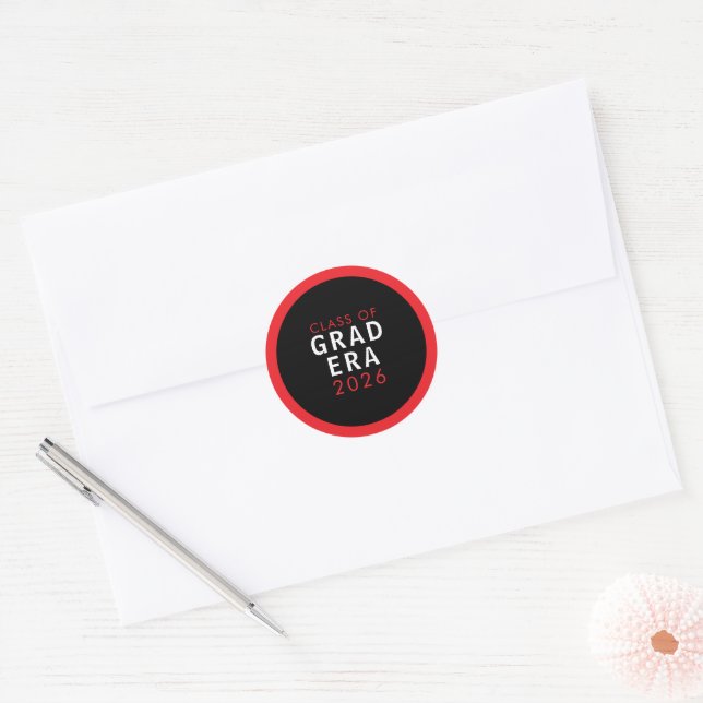 Class of Grad Era 2026 Red Black Modern Graduation Classic Round Sticker (Envelope)