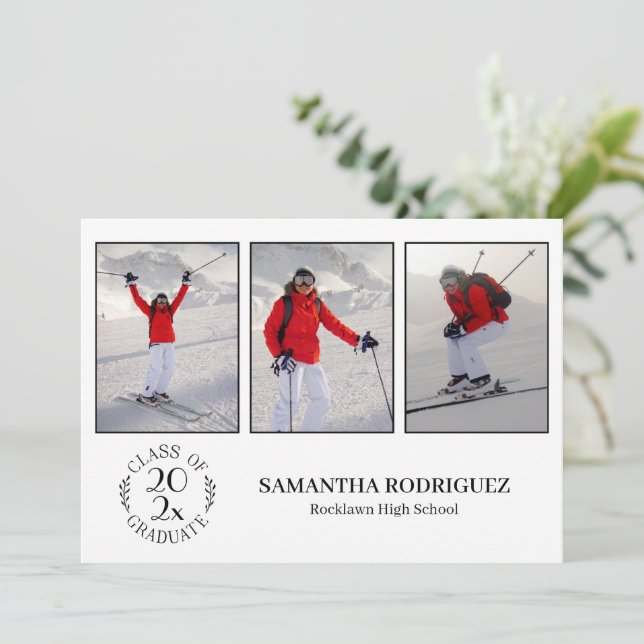 Class Of Graduate 3 Photo White Graduation Party Invitation (Standing Front)