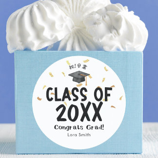 Class of Graduation Cap Gold Confetti Watercolor Classic Round Sticker