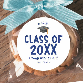 Class of Graduation Cap Navy Blue Watercolor Classic Round Sticker