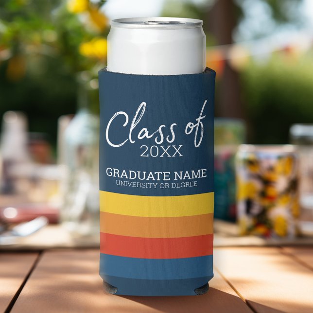 Class of - Graduation Mod Script Name Retro Stripe Seltzer Can Cooler (Graduation Party Personalized can coolers - add your photos and text)
