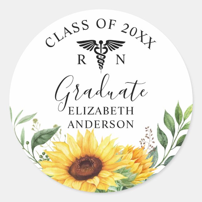 Class of Nursing Graduate Sunflower Watercolor Classic Round Sticker (Front)