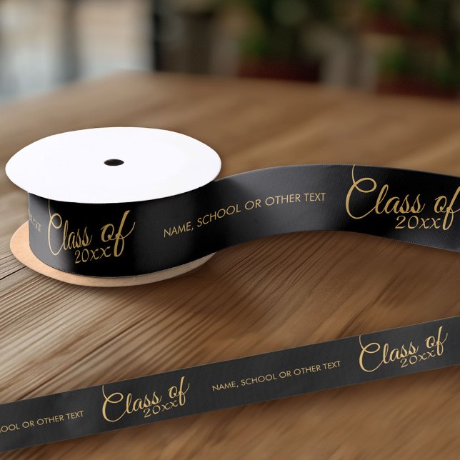 Class of with Custom Year and School Black Gold Satin Ribbon (Custom Ribbon on a Roll - Personalize this ribbon with you text)