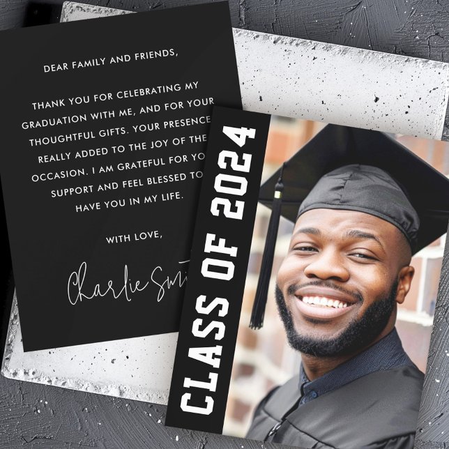 Class of year 2024 modern black graduation photo thank you card (Class of year 2024 modern black graduation photo thank you card)