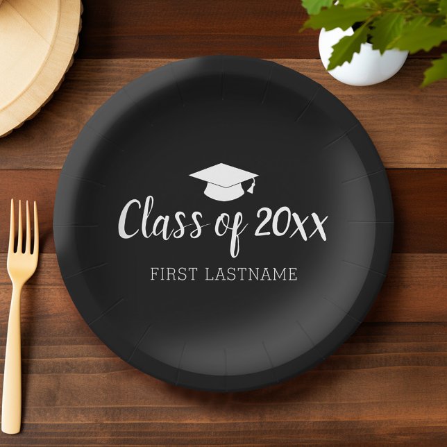 Class of Year and Name - Black Can Change Colour Paper Plate (Custom Graduation Plates)