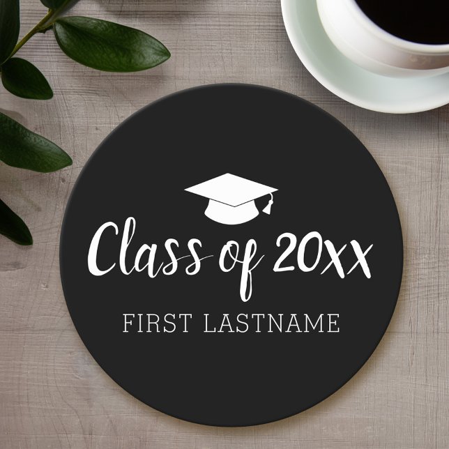Class of Year and Name - Black Can Change Colour Round Paper Coaster (Personalized coaster - Graduation Party)