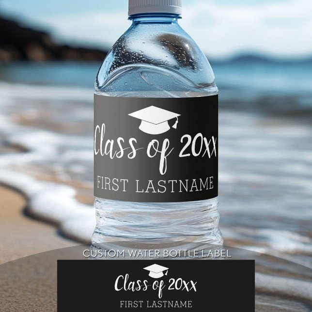 Class of Year and Name - Graduation Cap Black Water Bottle Label (Custom Graduation Water Bottle Label)