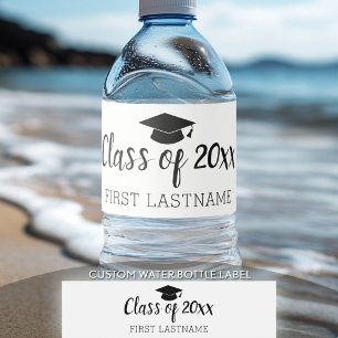 Class of Year and Name Graduation Cap Black White Water Bottle Label