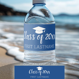 Class of Year and Name - Graduation Cap Blue Water Bottle Label