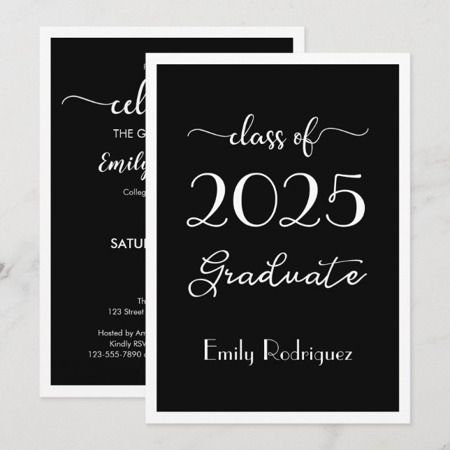 Class Of YEAR Black White Elegant Graduation Party Invitation (Front/Back)