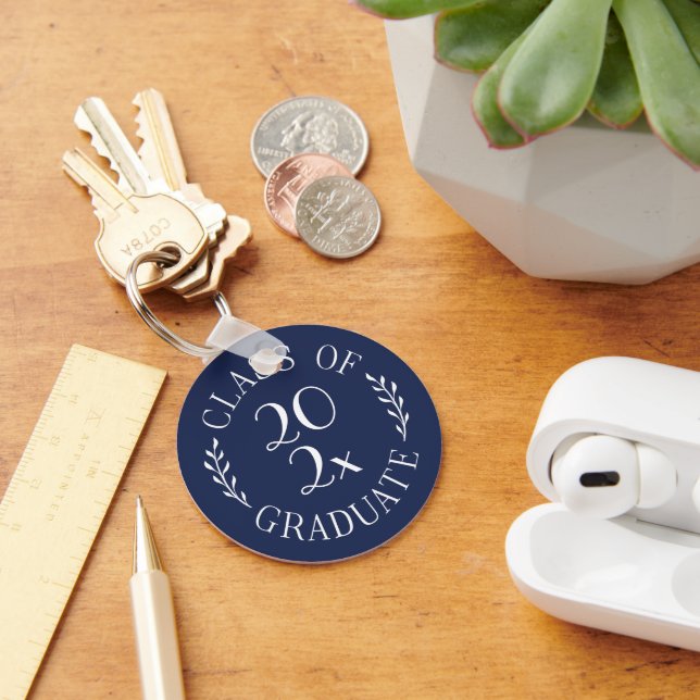 Class of Year Graduate Chic Typography Navy Blue Key Ring (Desk)