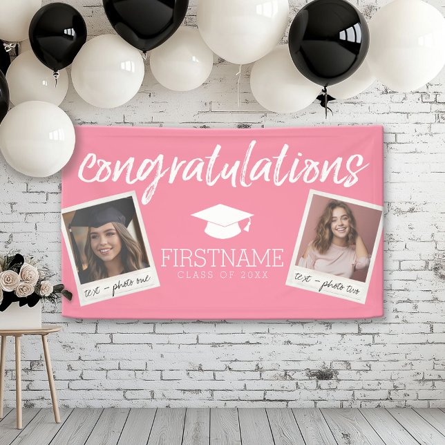 Class Pink Graduation 2 Square Photo Collage Banner (Custom Graduation Banner for a Grad Party or Open House)