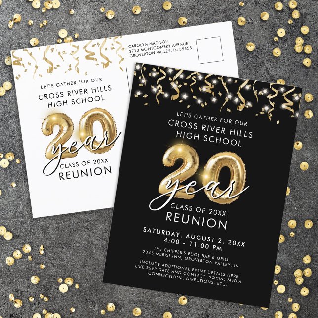 Class Reunion 20 Year Black Gold Balloons Invite Postcard (Creator Uploaded)