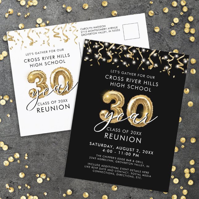 Class Reunion 30 Year Black Gold Balloons Invite Postcard (Creator Uploaded)