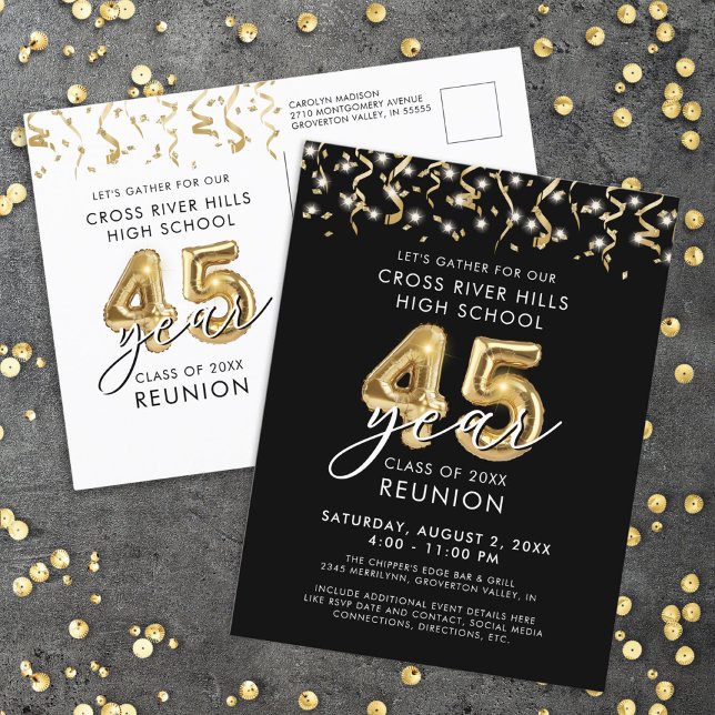 Class Reunion 45 Year Black Gold Balloons Invite Postcard (Creator Uploaded)