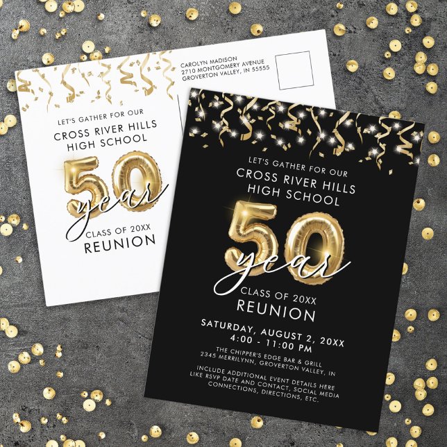 Class Reunion 50 Year Black Gold Balloons Invite Postcard (Creator Uploaded)