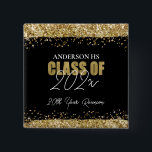 Class Reunion Black and Gold Glitter  15 Cm Square Badge<br><div class="desc">Elegant Faux gold glitter with shimmering confetti highlights on the top and bottom border. All text is adjustable and easy to change for your own party needs. Class Reunion Black and Gold Glitter,  elegant,  stylish,  any year,  modern template.</div>