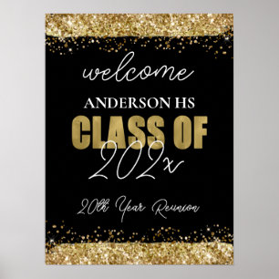 Class Reunion Black and Gold Glitter Welcome Poster