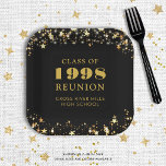 Class Reunion Black Gold Stars Personalised Paper Plate<br><div class="desc">Personalised and custom colour high school or college class reunion paper plates for any graduating class (the year is editable) with your class year and school name. The design features gold stars and string lights against an editable black background colour you can change to your school colour. CHANGES: The background...</div>