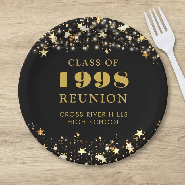 Class Reunion Black Gold Stars Personalised Paper Plate (Creator Uploaded)