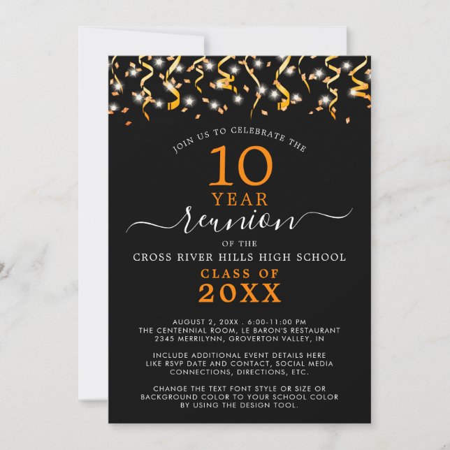 Class Reunion Black Orange Confetti Streamers Invitation (Front)