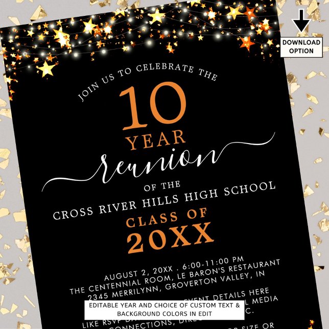 Class Reunion Black Orange Stars Lights Any Year Invitation (Creator Uploaded)