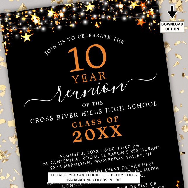 Class Reunion Black Orange Stars Lights Any Year Invitation (Creator Uploaded)