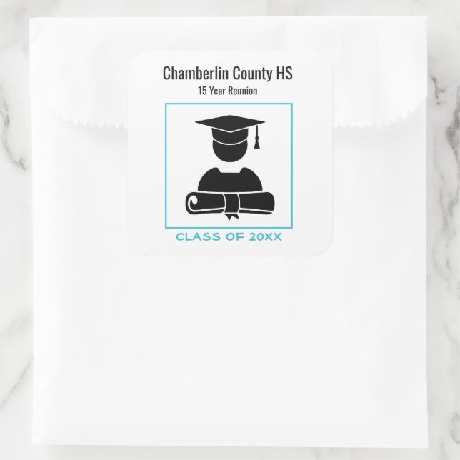 Class Reunion Black Pastel Blue Custom Name Square Sticker (Bag)