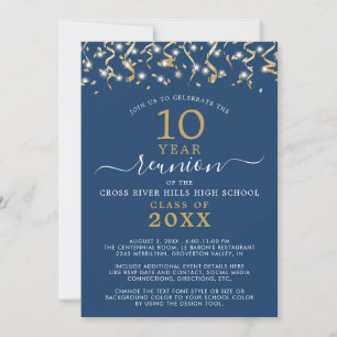 Class Reunion Blue Gold Confetti Streamers Invitation