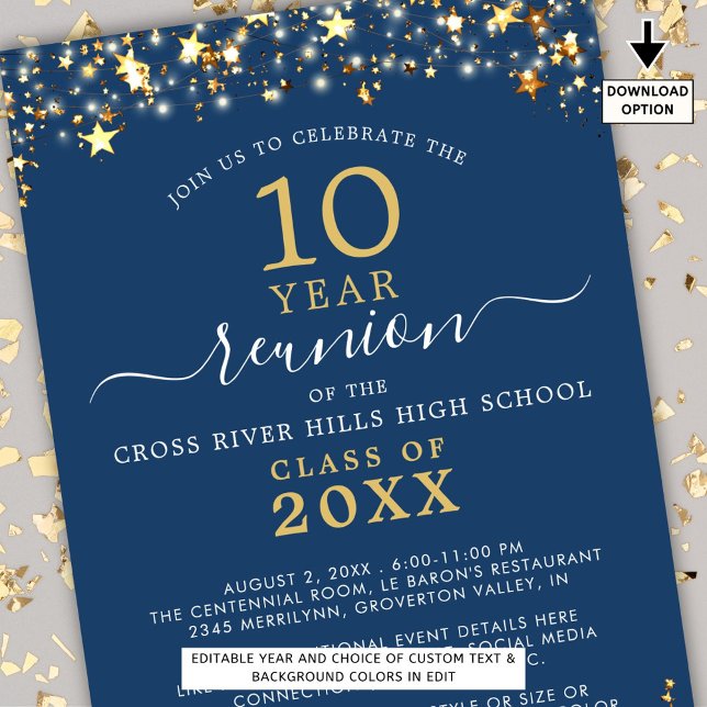 Class Reunion Blue Gold Stars Lights Any Year Invitation (Creator Uploaded)