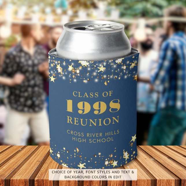 Class Reunion Blue Gold Stars Personalised Can Cooler (Creator Uploaded)